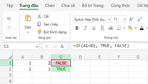 Ô có giá trị FALSE sẽ được tô màu đỏ.