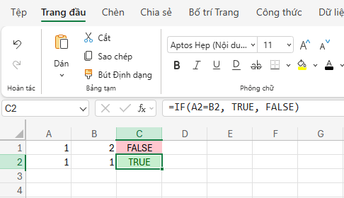Ô có giá trị TRUE sẽ được tô màu xanh.