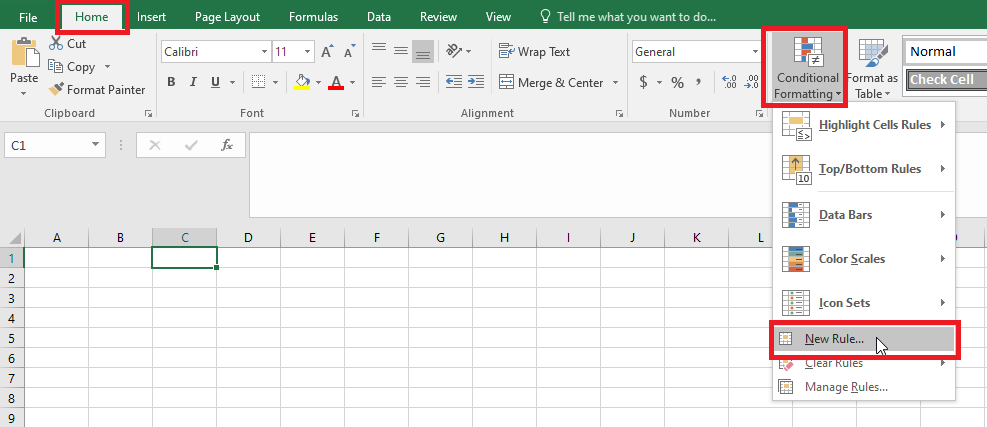 Bước 2: Vào menu Home → Conditional Formatting → New Rule.