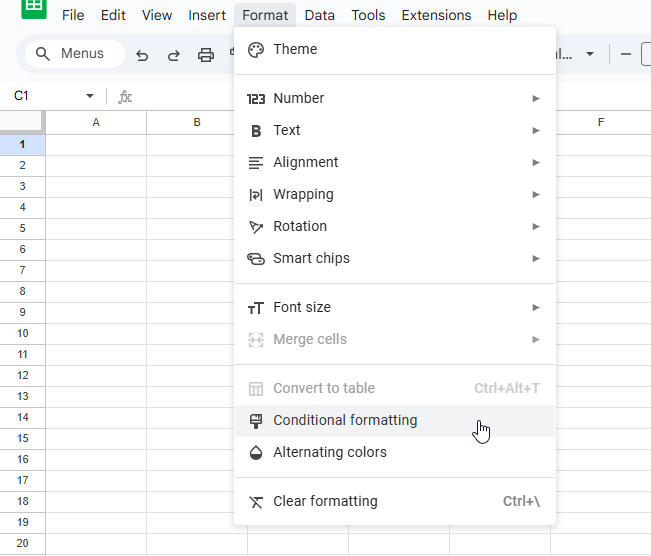 Bước 2: Vào menu Format → Conditional formatting.